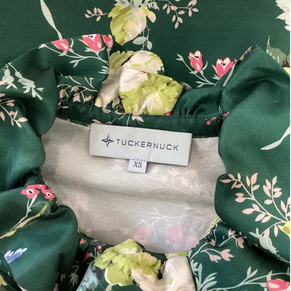 Tuckernuck Bouvier Blouse Green Floral Ruffle Collar Blouson Sleeves Size XS - Picture 10 of 12